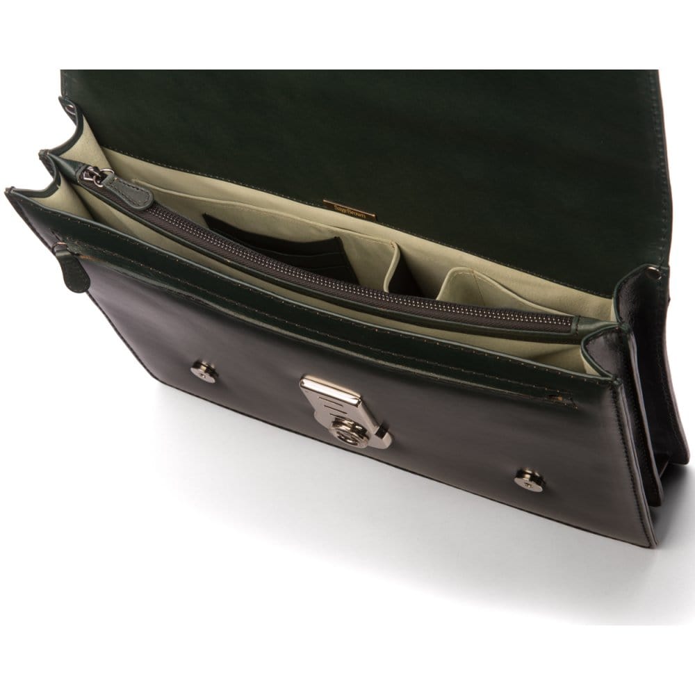 Leather Cambridge satchel briefcase with silver brass lock, green, inside