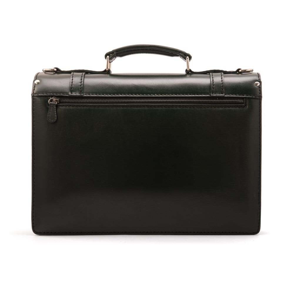 Leather Cambridge satchel briefcase with silver brass lock, green, back