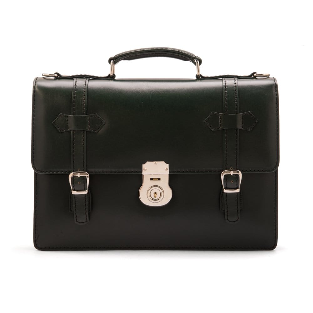 Leather Cambridge satchel briefcase with silver brass lock, green, front