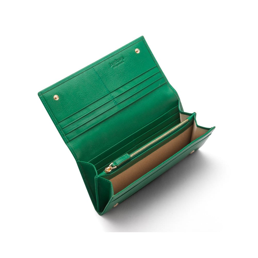 Leather Mayfair concertina purse, green, inside