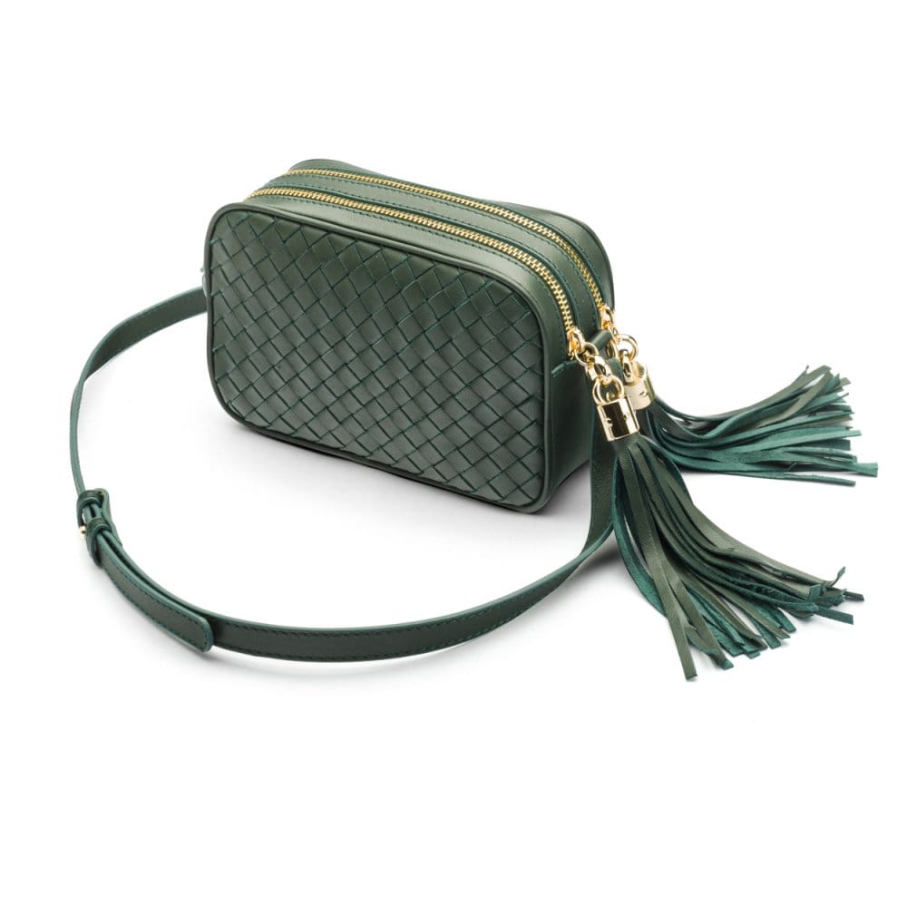 Woven leather camera bag, green, side