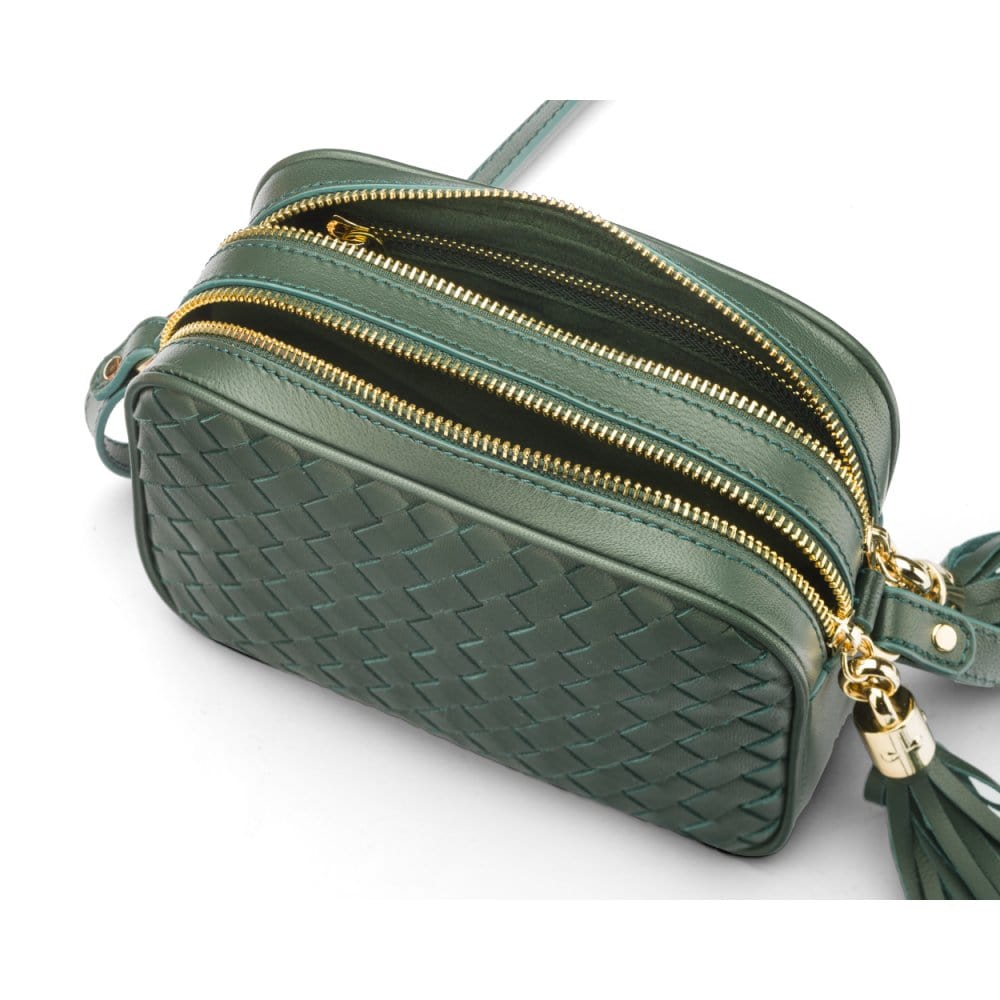 Woven leather camera bag, green, inside