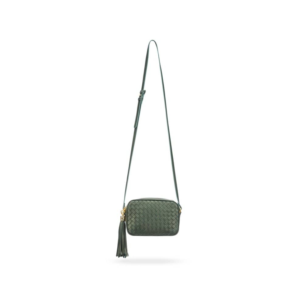 Woven leather camera bag, green, with long shoulder strap