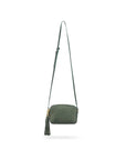 Woven leather camera bag, green, with long shoulder strap