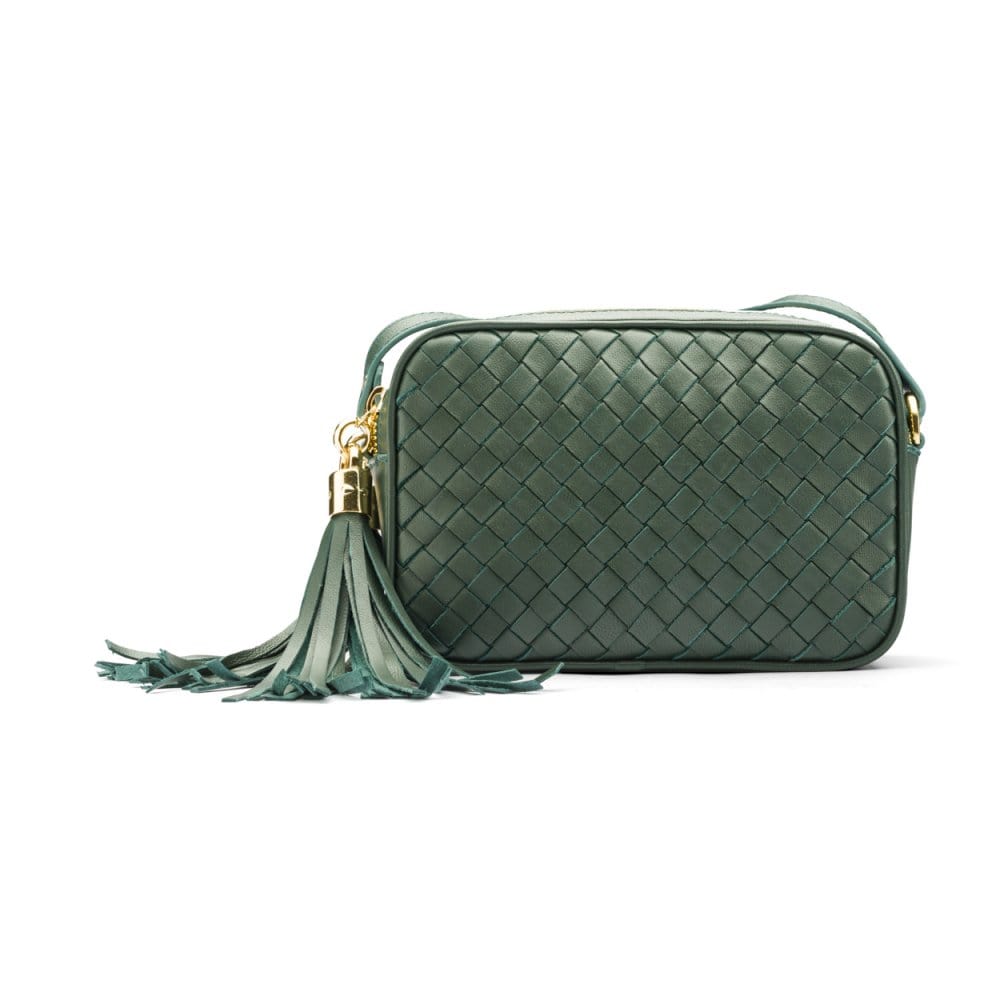 Woven leather camera bag, green, front