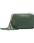 Woven leather camera bag, green, front