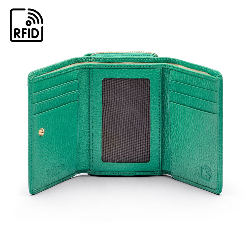 RFID blocking leather tri-fold purse, emerald green, inside