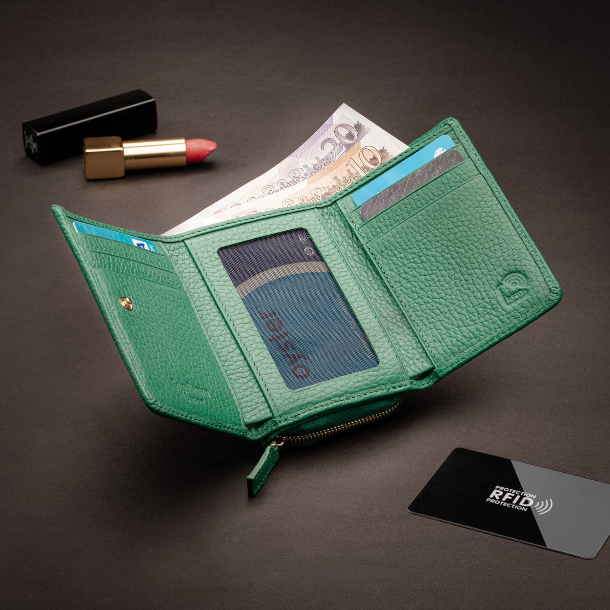 RFID blocking leather tri-fold purse, emerald, lifestyle