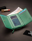 RFID blocking leather tri-fold purse, emerald, lifestyle