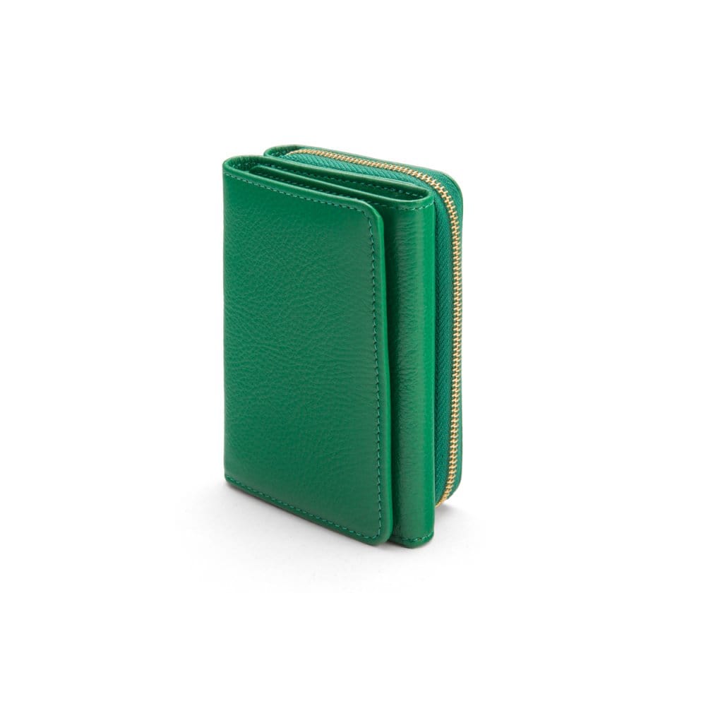 RFID blocking leather tri-fold purse, emerald green, front