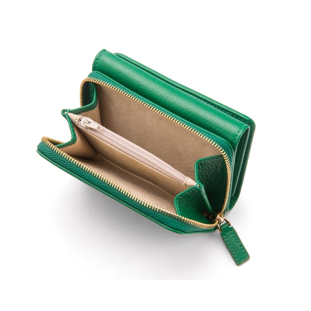 RFID blocking leather tri-fold purse, emerald green, open