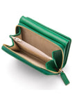 RFID blocking leather tri-fold purse, emerald green, open