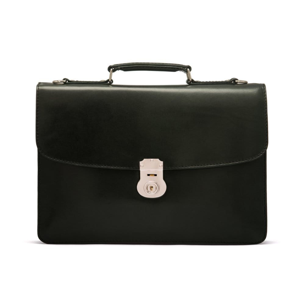 Leather briefcase with silver brass lock, Harvard vintage look, green, front