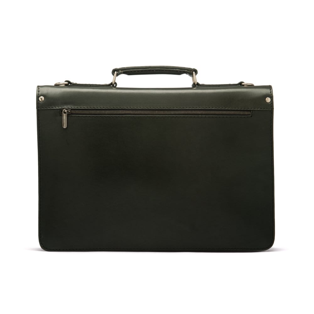 Leather briefcase with silver brass lock, Harvard vintage look, green, back