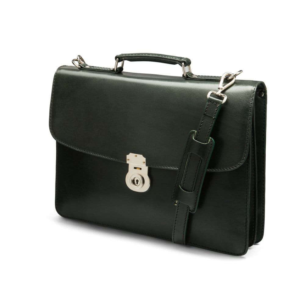 Leather briefcase with silver brass lock, Harvard vintage look, green, side