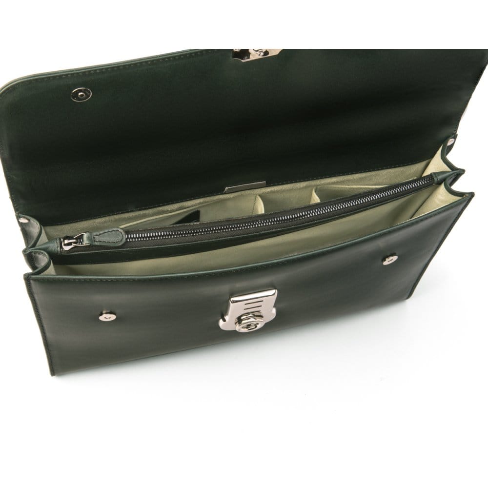 Green Vintage Leather Wall Street Briefcase With Silver Brass Lock