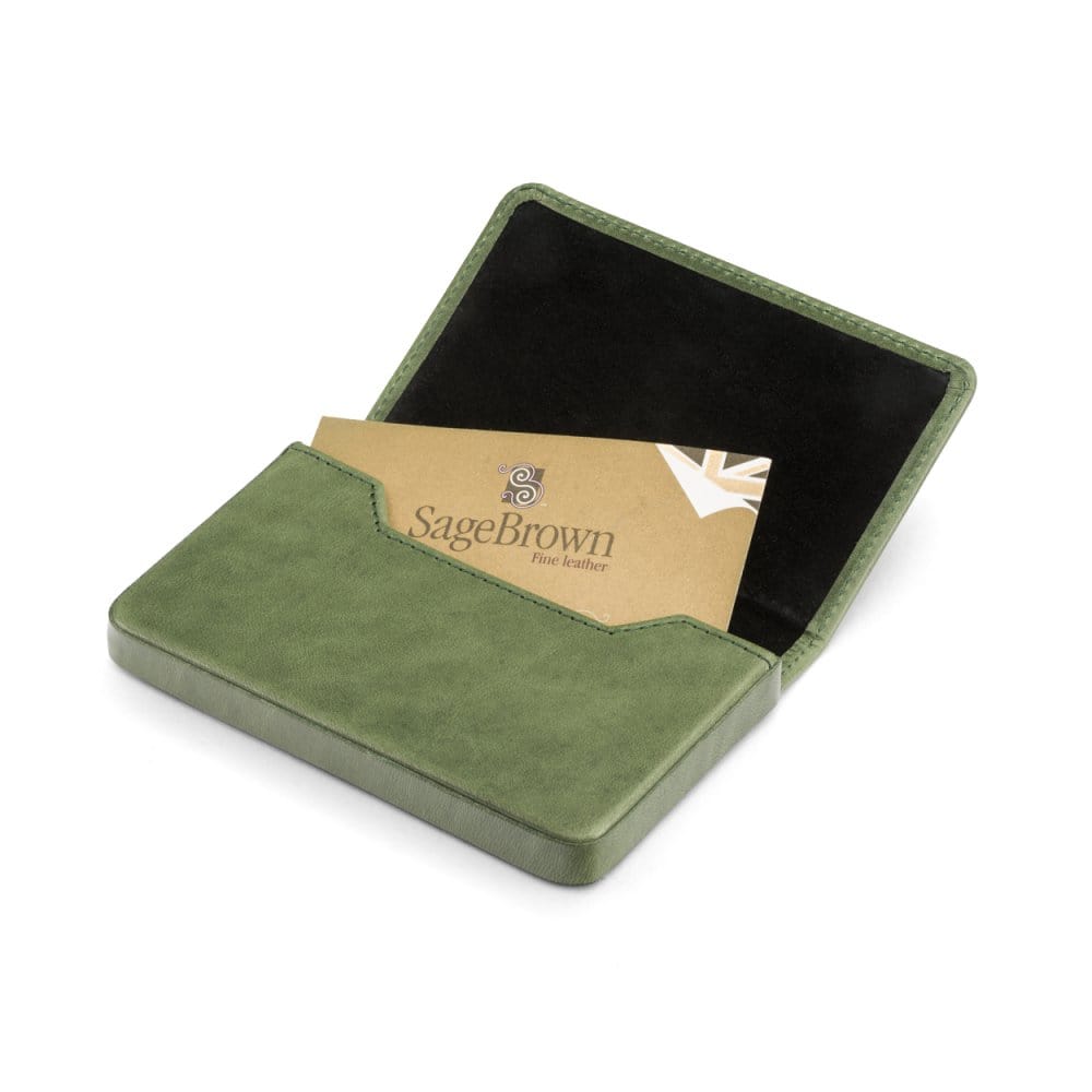 Leather business card holder with magnetic closure, green, inside