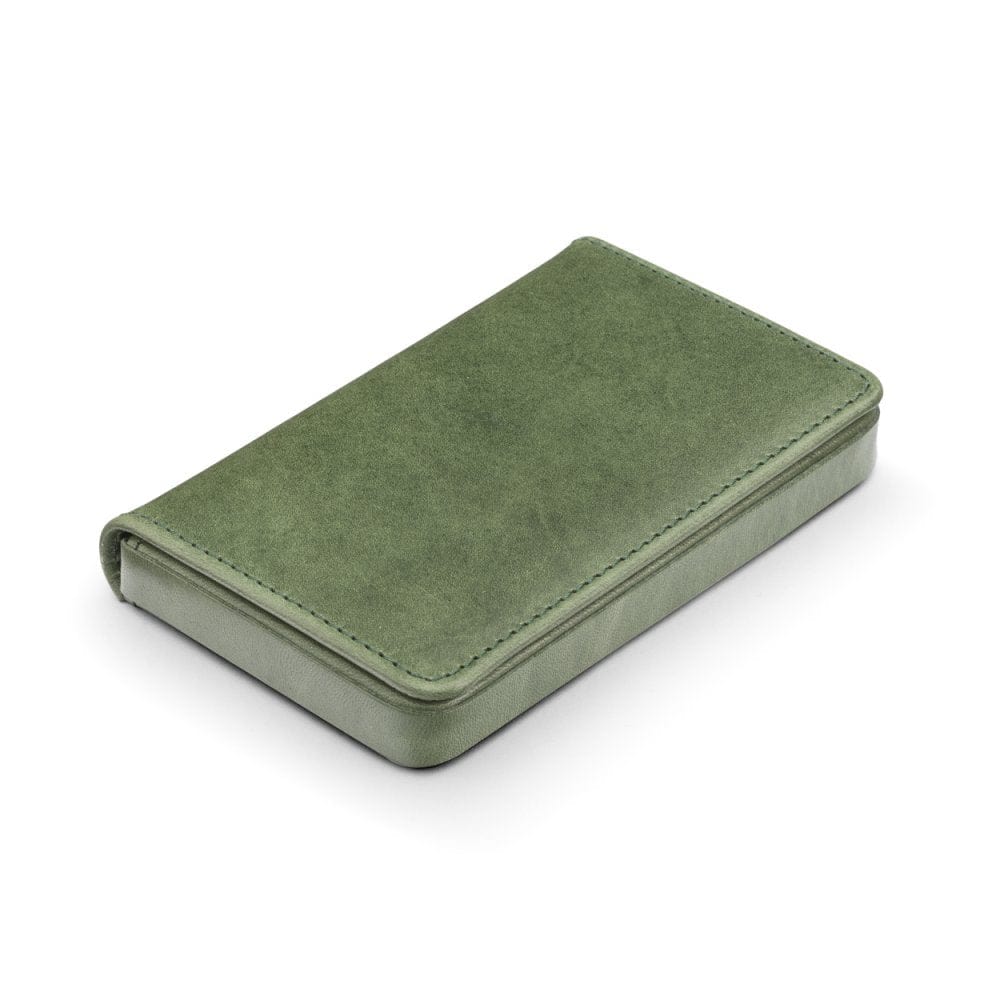 Leather business card holder with magnetic closure, green, side