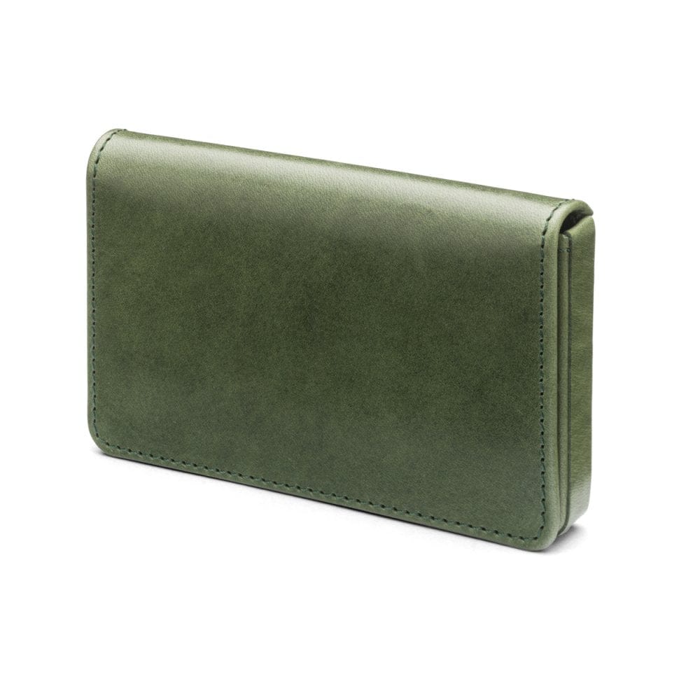 Leather business card holder with magnetic closure, green, front