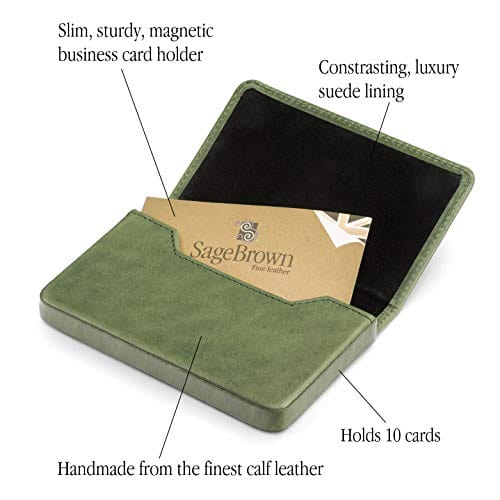 Leather business card holder with magnetic closure, green, features