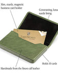 Leather business card holder with magnetic closure, green, features