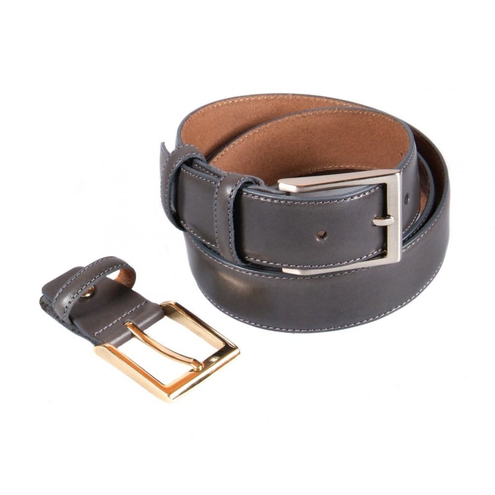 Leather belt with 2 buckles, grey