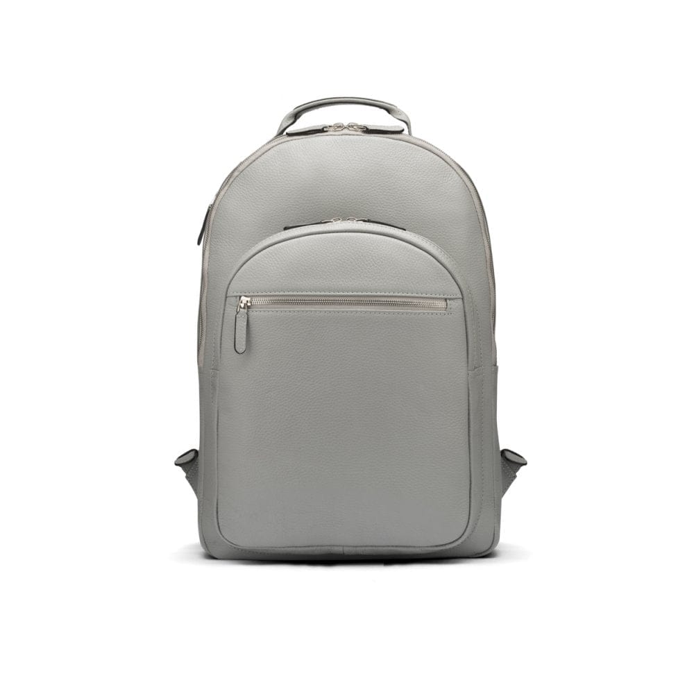 Men's leather 15" laptop backpack, grey, front