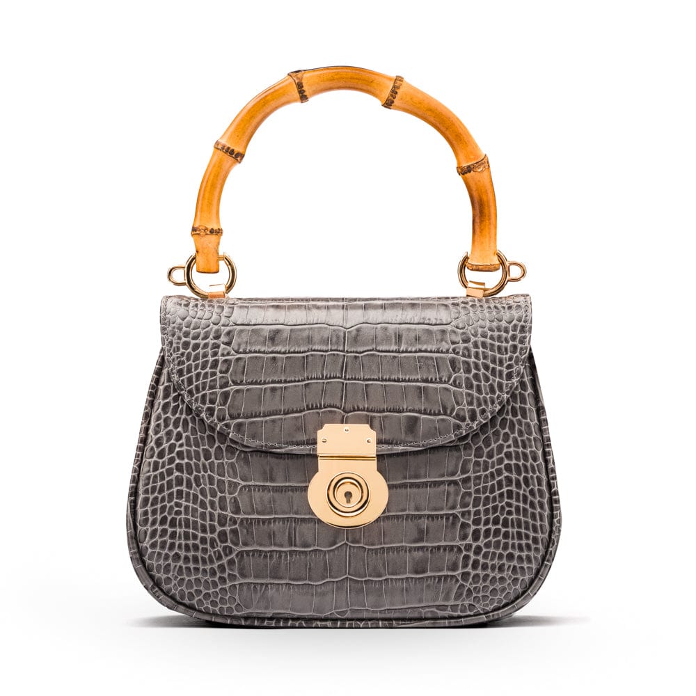 Bamboo handle bag, grey croc, front view