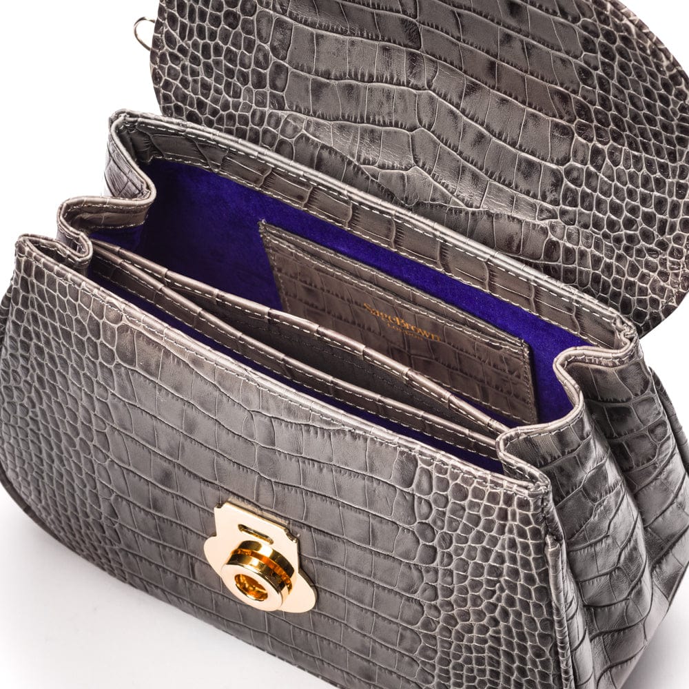 Bamboo handle bag, grey croc, inside view