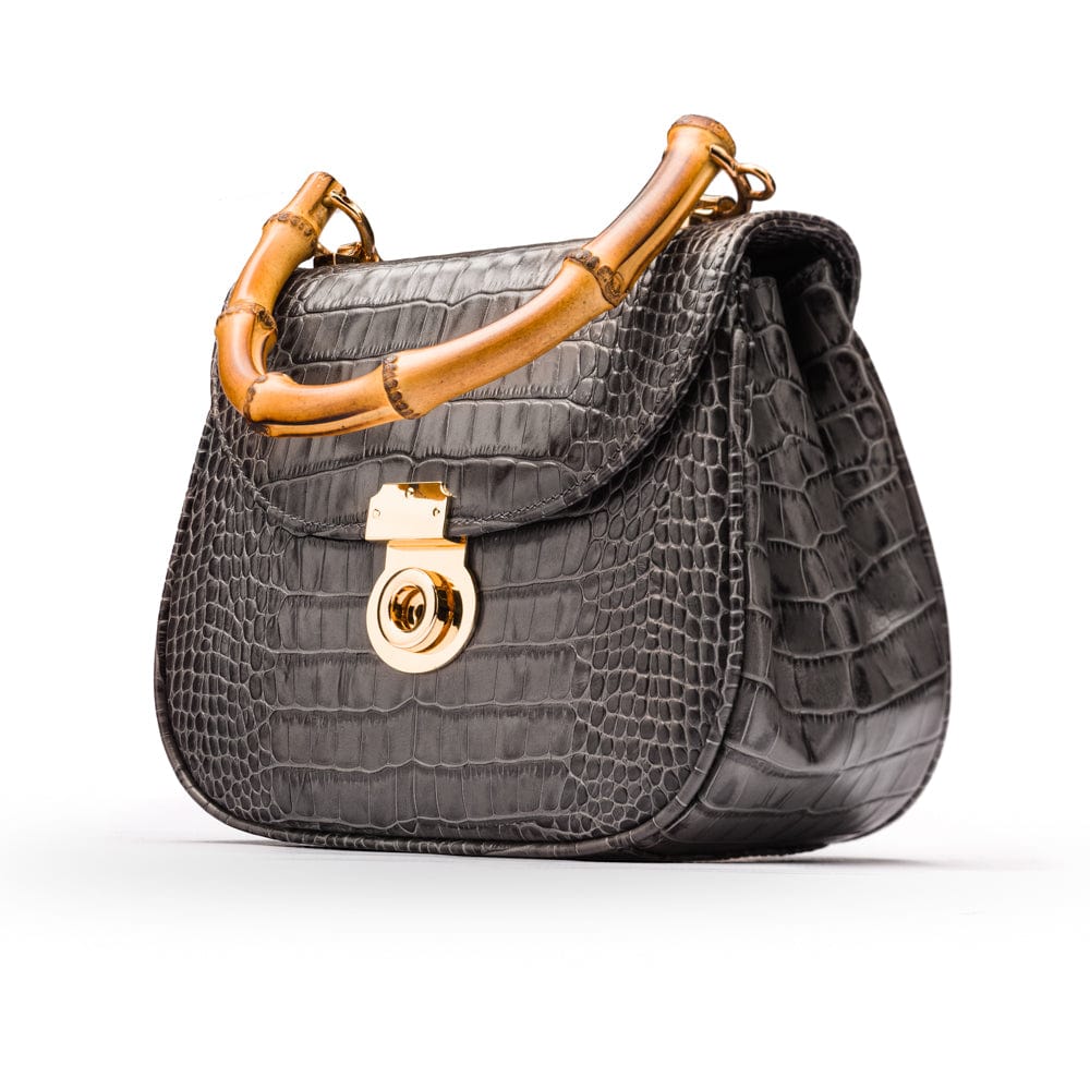 Bamboo handle bag, grey croc, side view