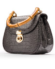 Bamboo handle bag, grey croc, side view