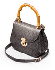 Bamboo handle bag, grey croc, shoulder strap view