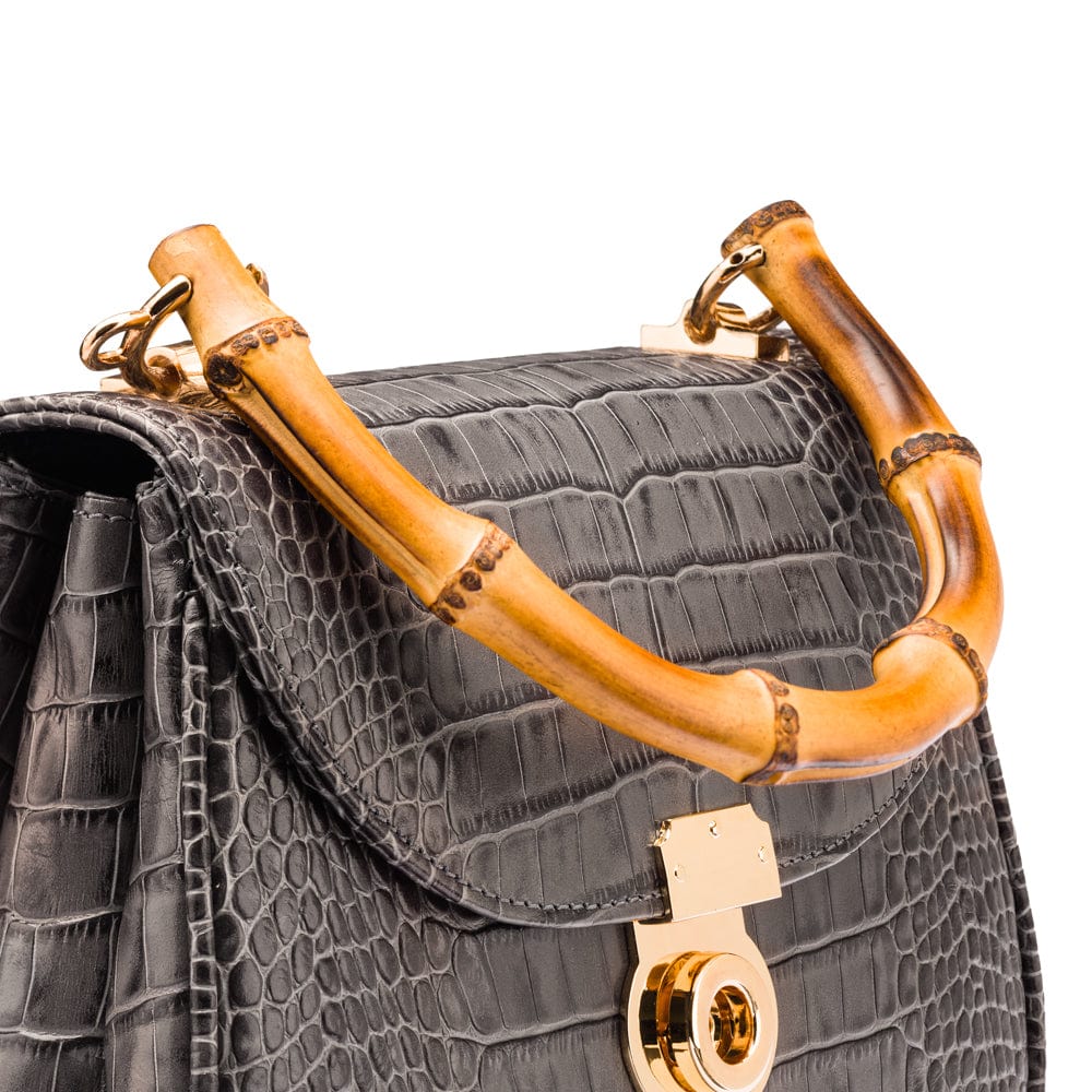 Bamboo handle bag, grey croc, bamboo handle closeupw