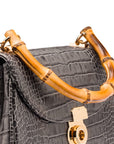 Bamboo handle bag, grey croc, bamboo handle closeupw