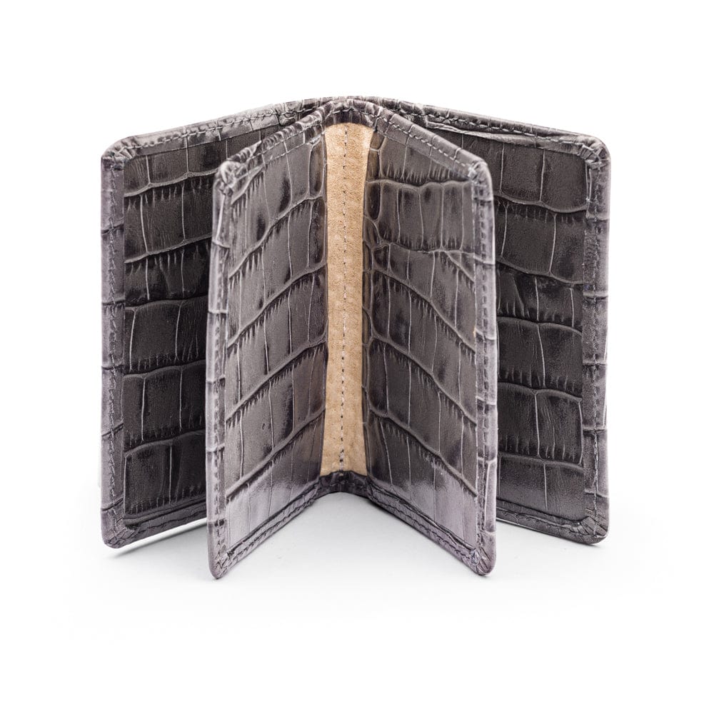 Leather bifold card wallet, grey croc, open