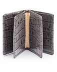 Leather bifold card wallet, grey croc, open