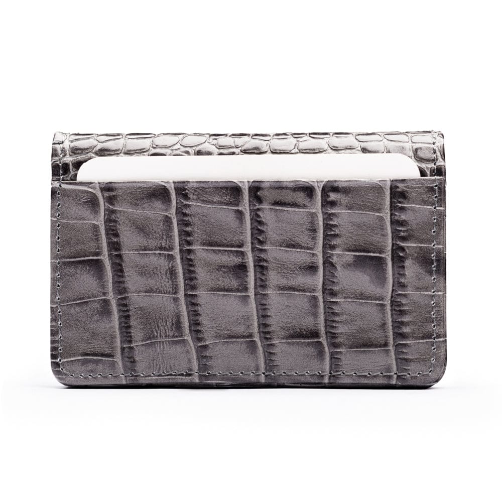 Leather bifold card wallet, grey croc, front view