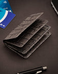 Leather bifold card wallet, grey croc, lifestyle