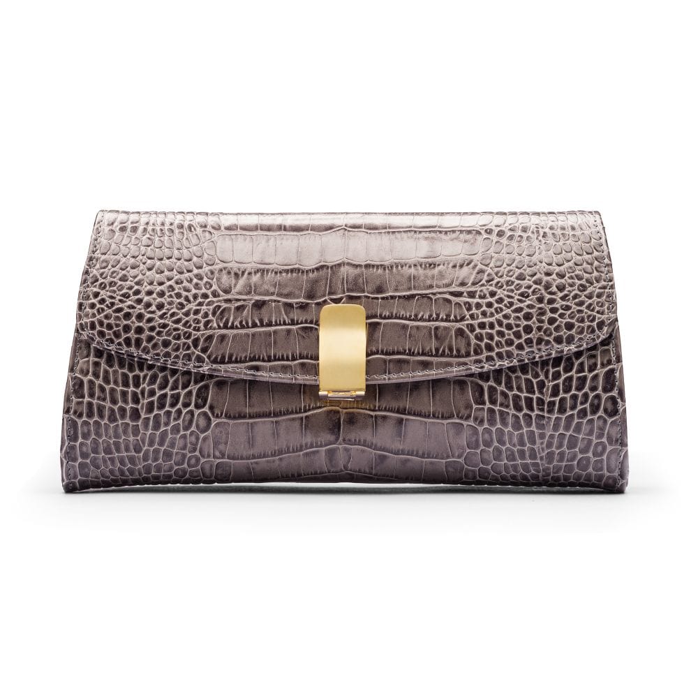 Leather clutch bag, grey croc, front view