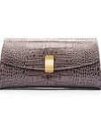 Leather clutch bag, grey croc, front view