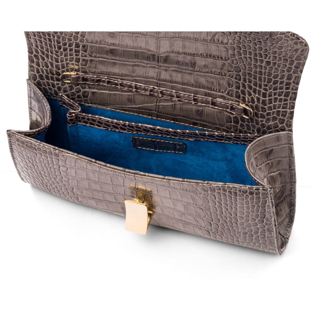 Leather clutch bag, grey croc, inside view