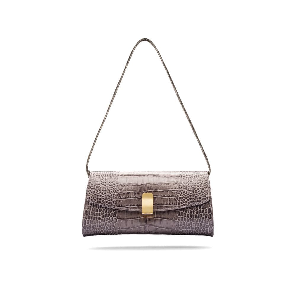 Leather clutch bag, grey croc, short strap