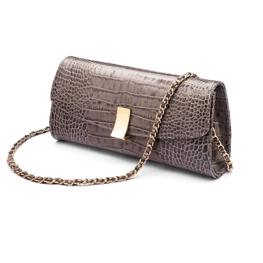 Leather clutch bag, grey croc, long chain strap