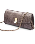 Leather clutch bag, grey croc, long chain strap