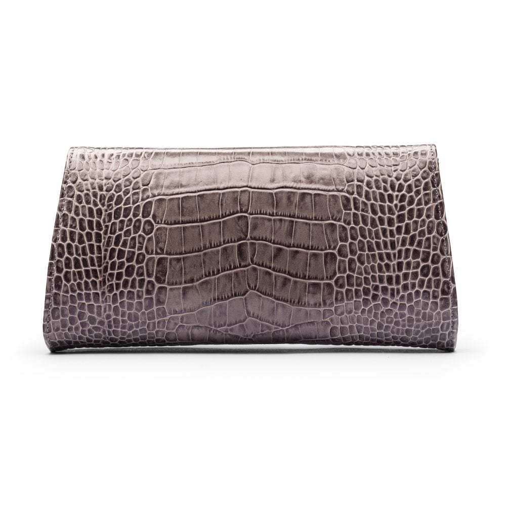 Leather clutch bag, grey croc, back view