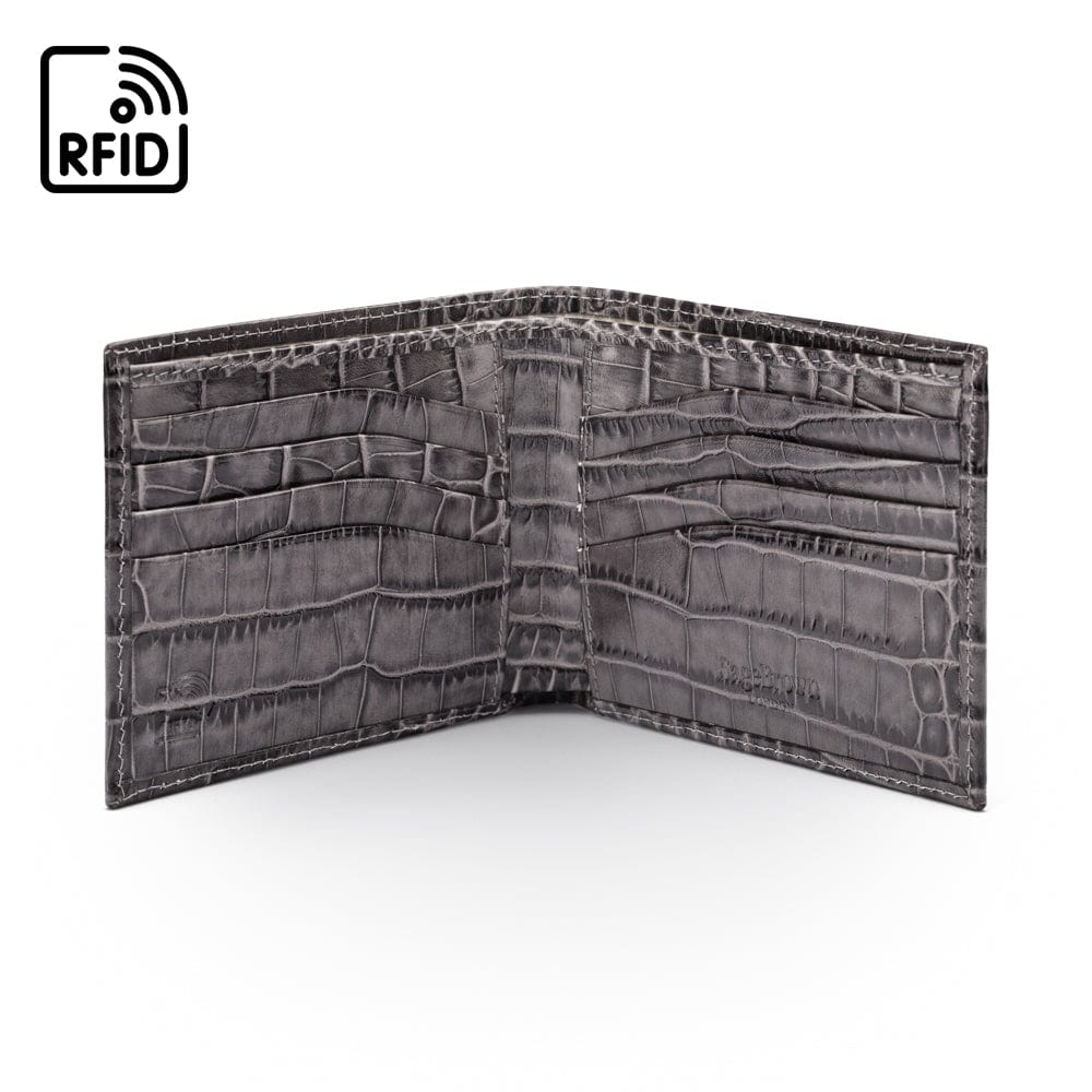 RFID leather wallet for men, grey croc, open view