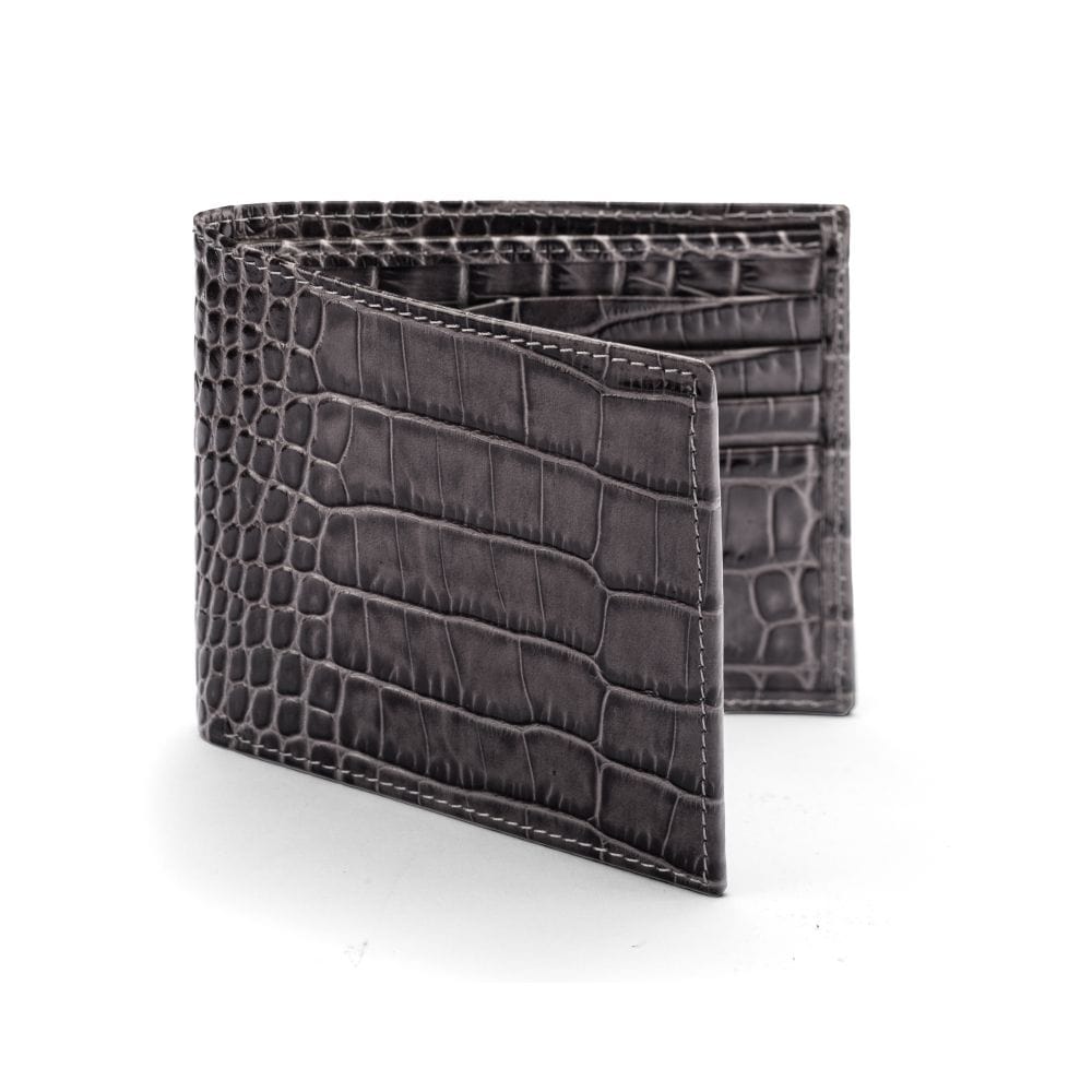 RFID leather wallet for men, grey croc, front view