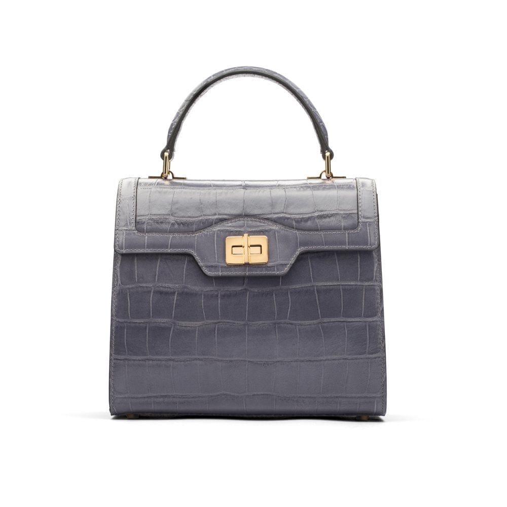 Leather signature Morgan bag, grey croc, front view