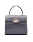 Leather signature Morgan bag, grey croc, front view