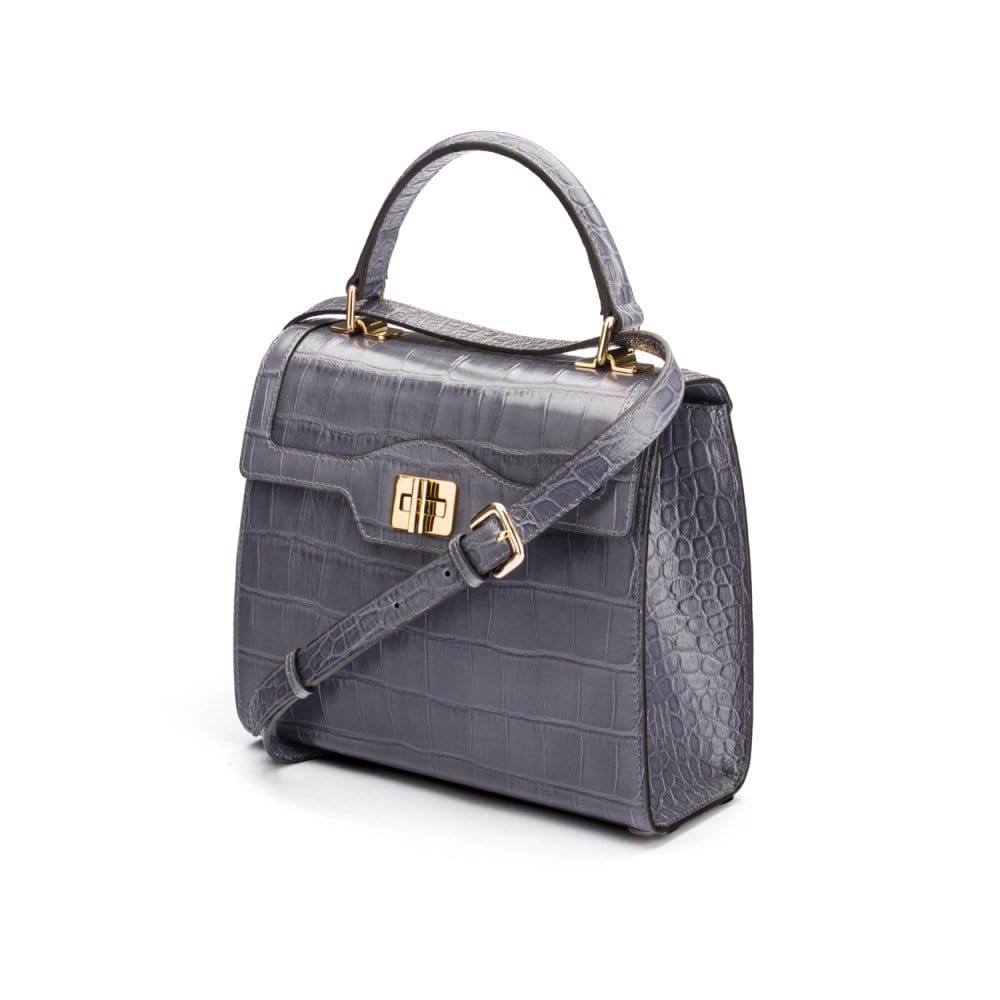 Leather signature Morgan bag, grey croc, side view